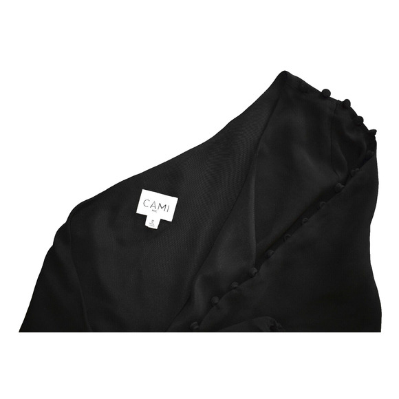 A5 Auth CAMI Black Silk Cascade Down Buttons Long Sleeve One Shoulder Top Size S - Picture 3 of 4